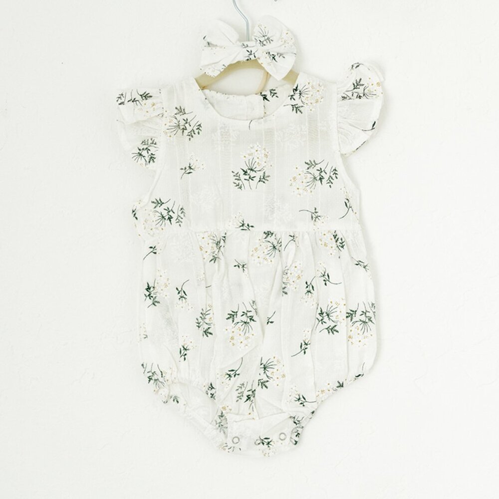 Baby Girl White Floral Ruffle Bubble Romper with Headband Set‎